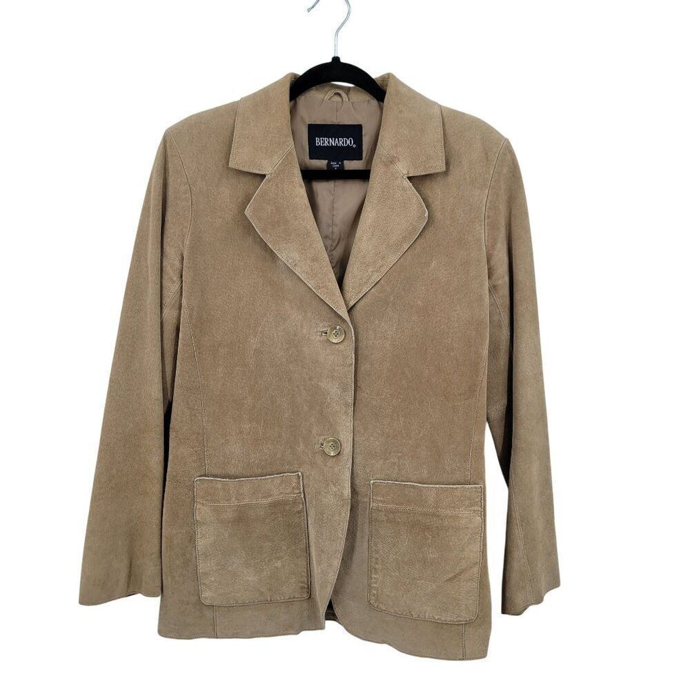 Vtg Bernardo Womens Sz M Camel Genuine Leather Blazer Jacket Shacket Pocket Tan‎